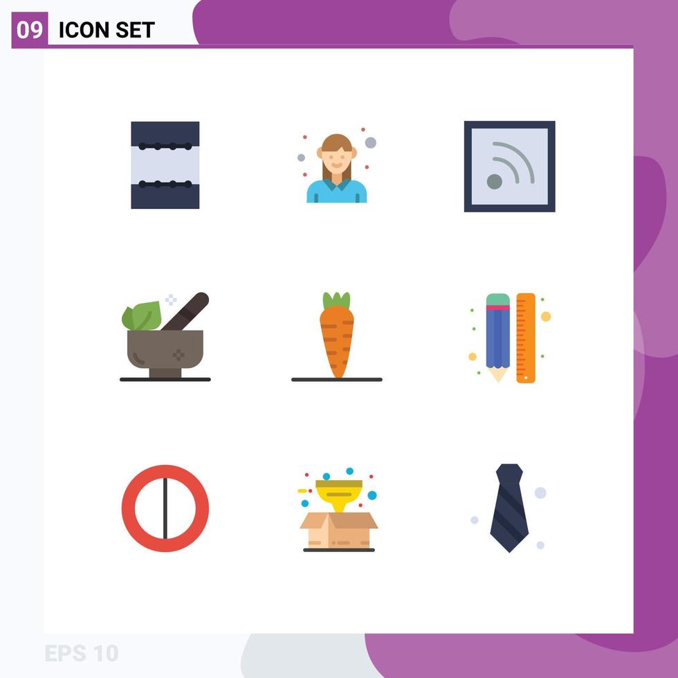 Flat Color Pack of 9 Universal Symbols of creative food news carrot spa Editable Vector Design Elements