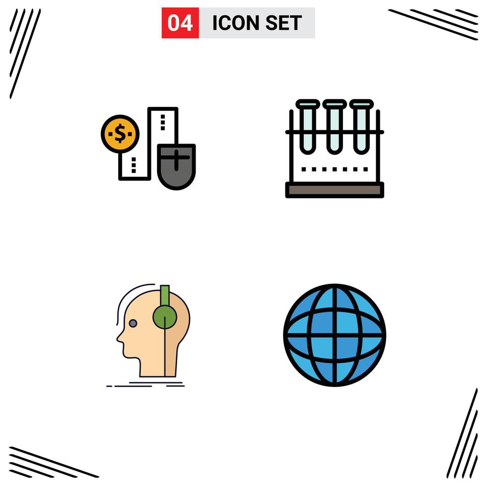 4 Thematic Vector Filledline Flat Colors and Editable Symbols of mouse test tube dollor erlenmeyer flask headphones Editable Vector Design Elements