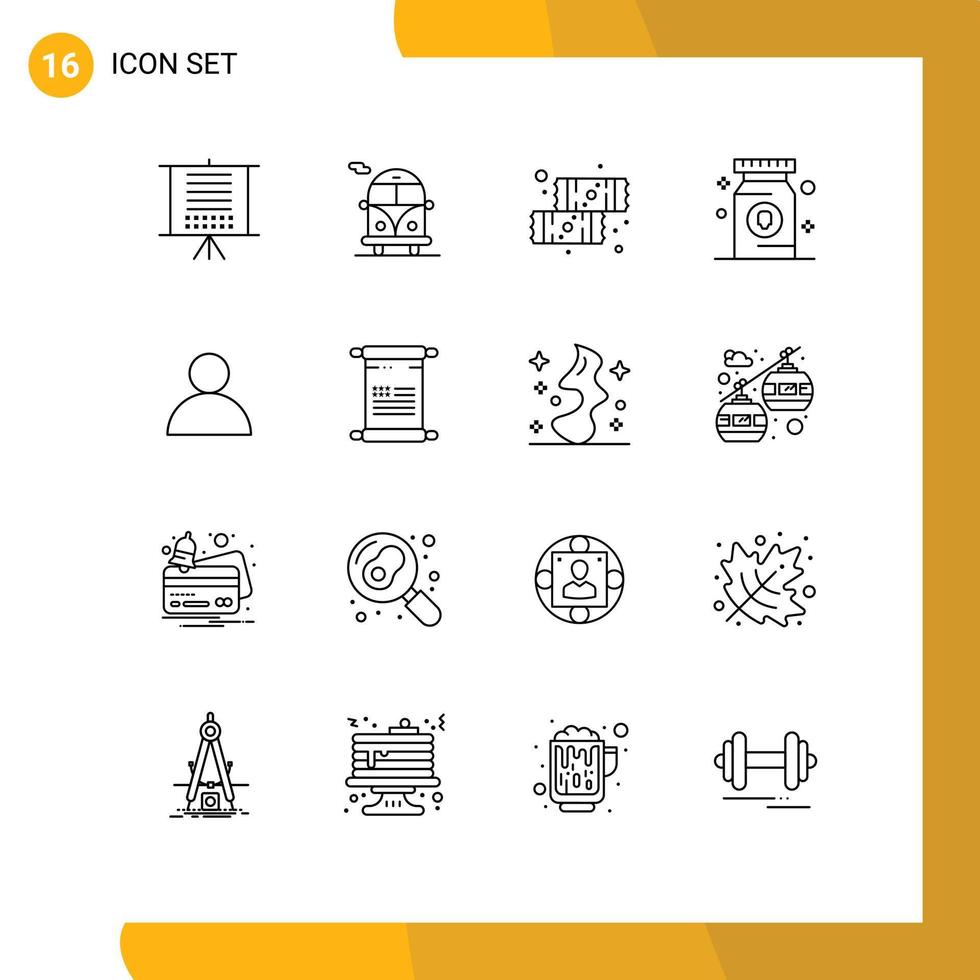 Mobile Interface Outline Set of 16 Pictograms of user account dessert pill medication Editable Vector Design Elements