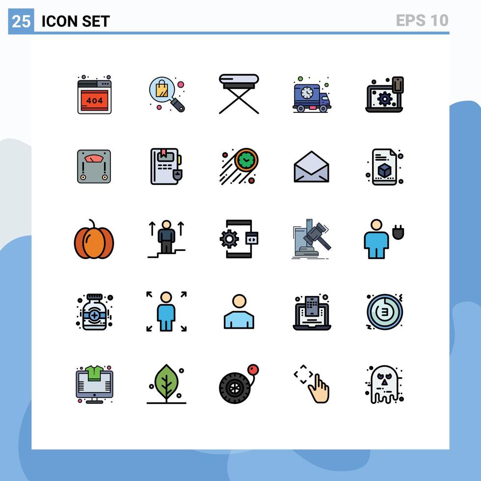 User Interface Pack of 25 Basic Filled line Flat Colors of setting laptop interior configure time Editable Vector Design Elements