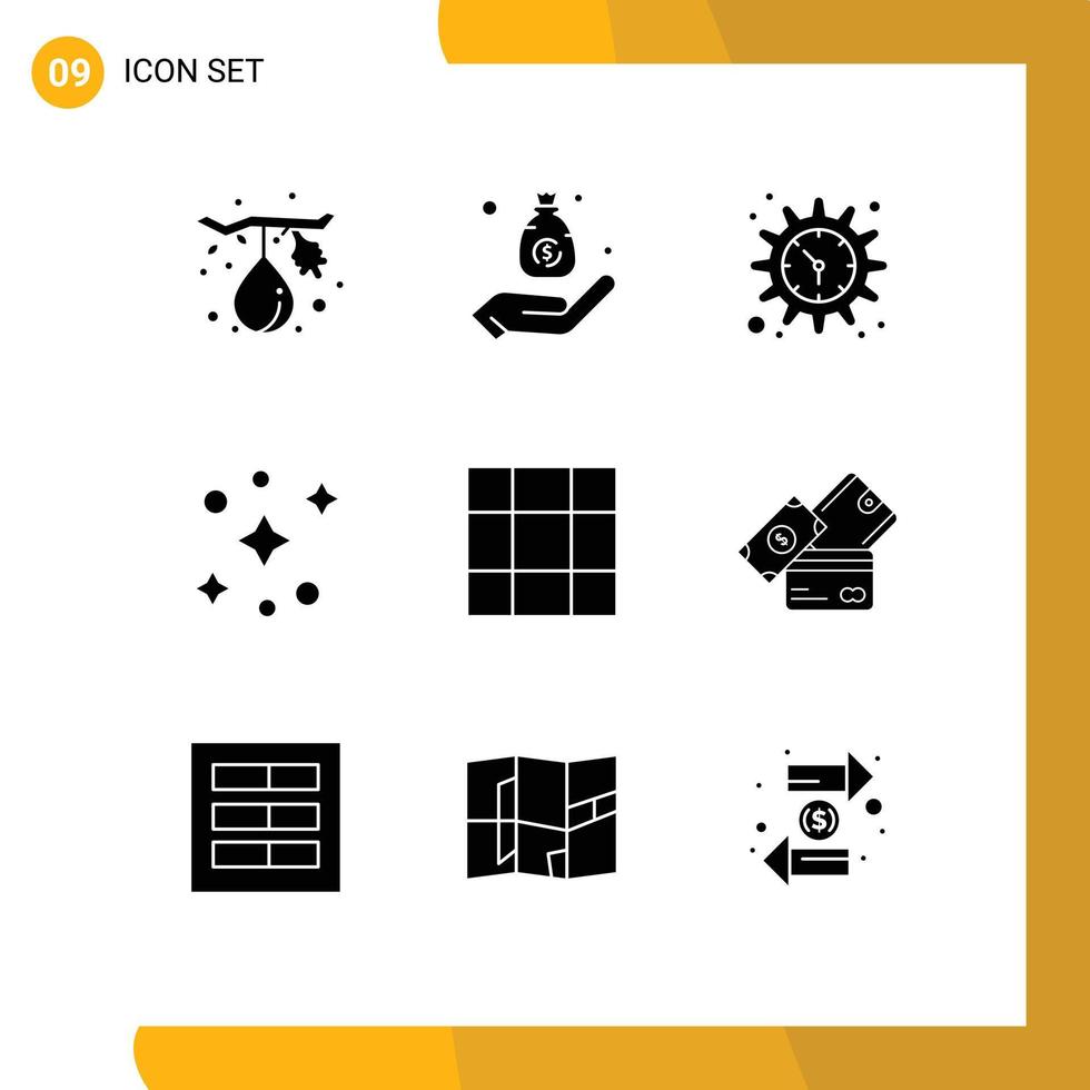 Group of 9 Solid Glyphs Signs and Symbols for mesh stars hand space watch Editable Vector Design Elements