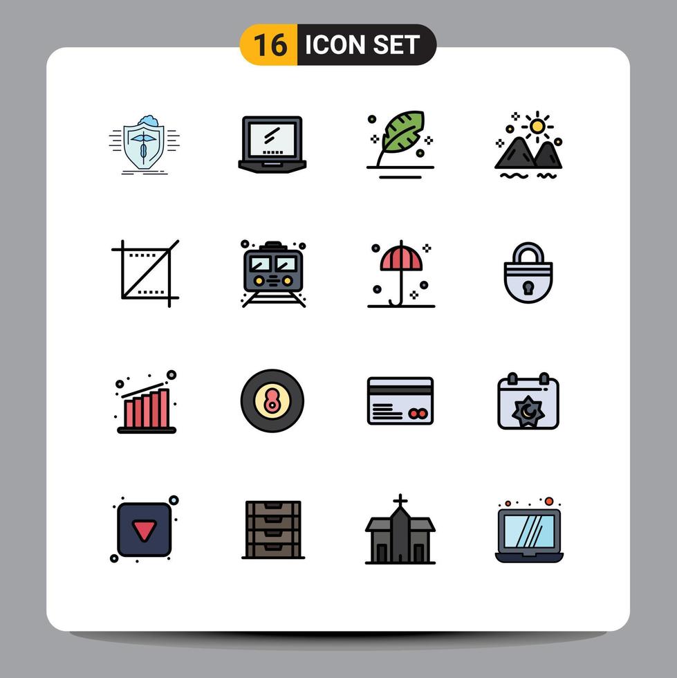 16 Universal Flat Color Filled Line Signs Symbols of outdoor landscape imac scripture pen Editable Creative Vector Design Elements