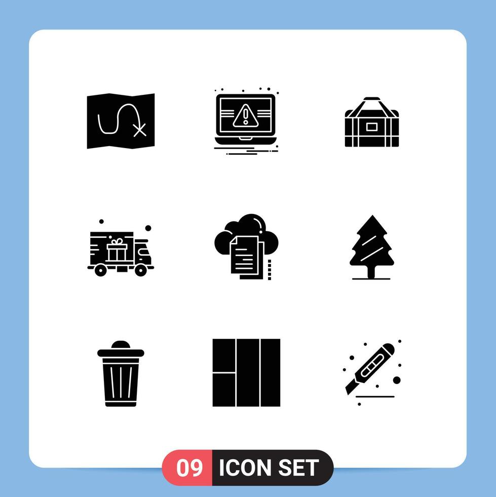 Group of 9 Modern Solid Glyphs Set for copy data equipment truck gift delivery Editable Vector Design Elements