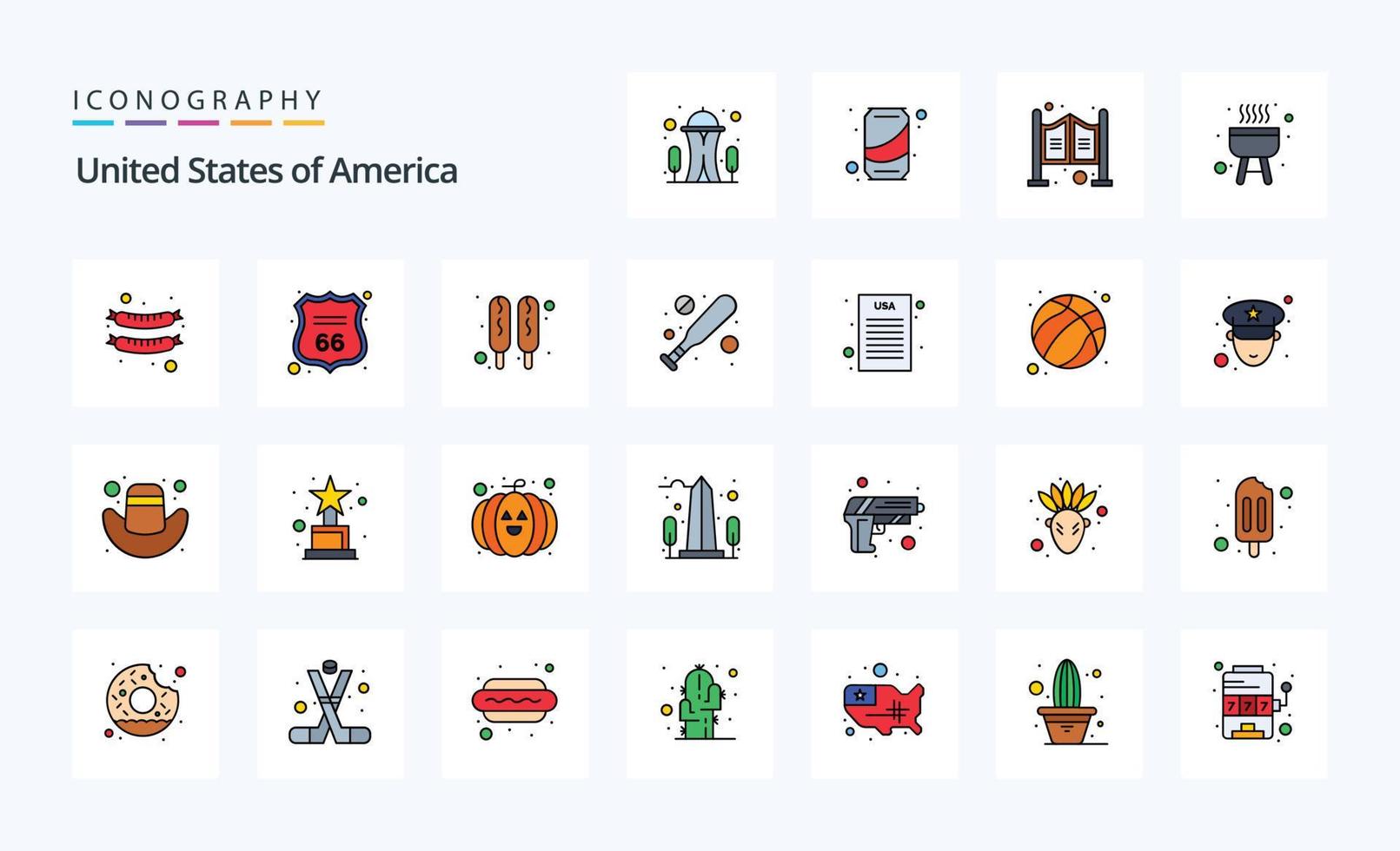 paquete de iconos de estilo lleno de línea de 25 estados unidos vector