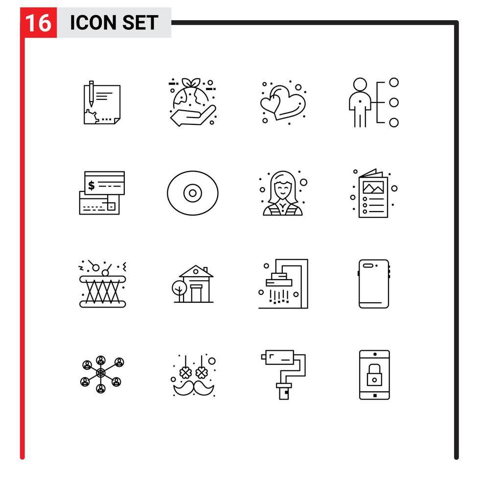 Group of 16 Outlines Signs and Symbols for employee two protection shape hearts Editable Vector Design Elements
