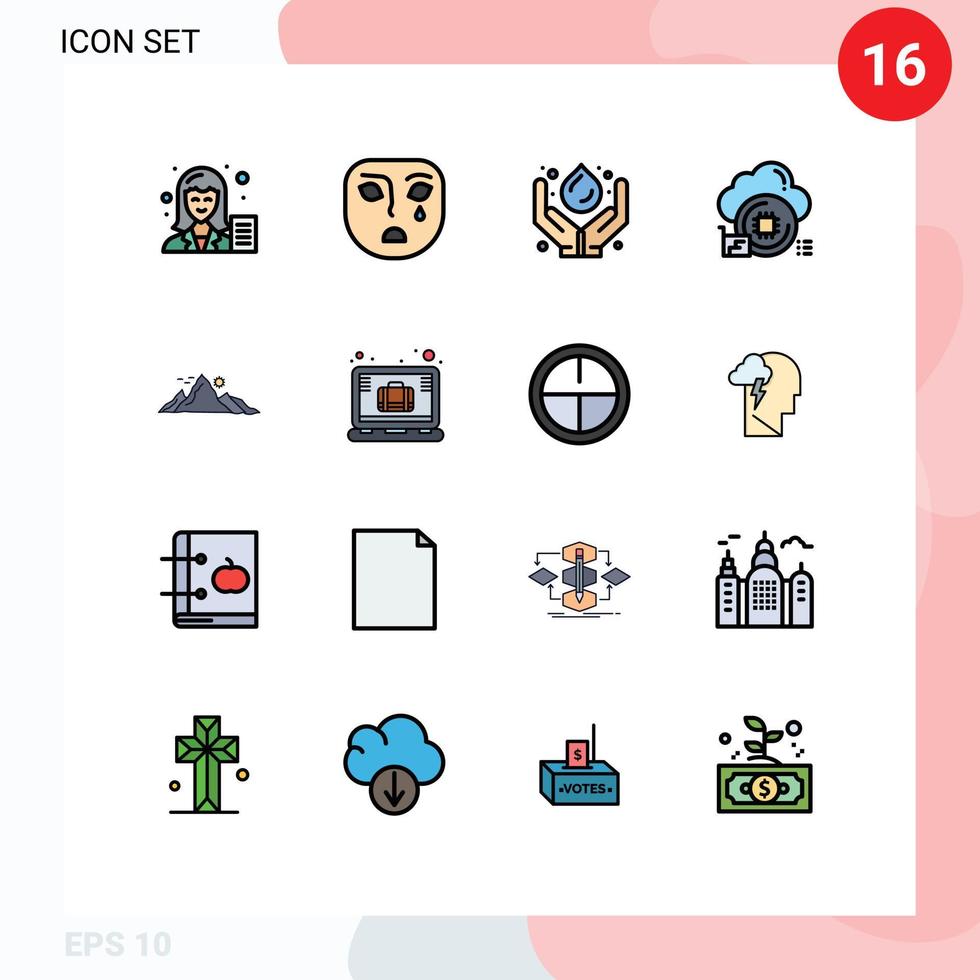 paquete de 16 líneas llenas de colores planos modernos, signos y símbolos para medios de impresión web, como procesador de datos, energía de nube triste, elementos de diseño de vectores creativos editables