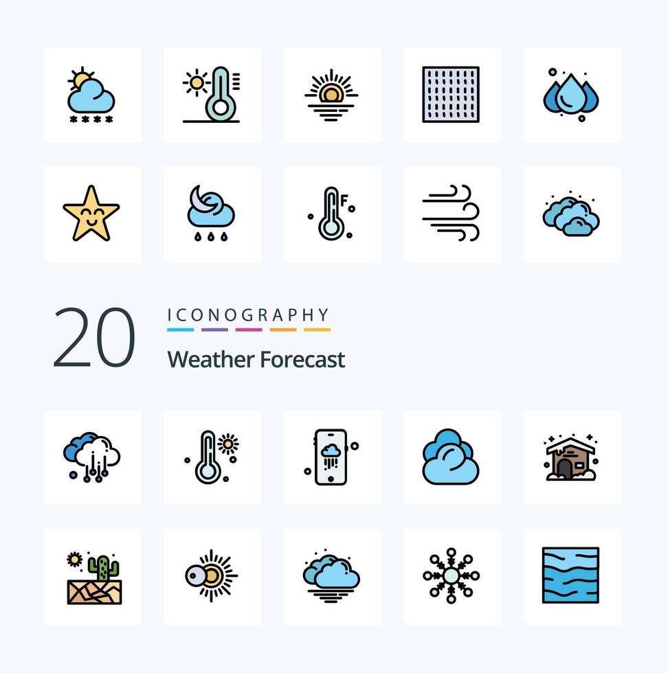 Paquete de iconos de 20 colores llenos de líneas meteorológicas como almacenamiento de clima lluvioso nublado sol vector
