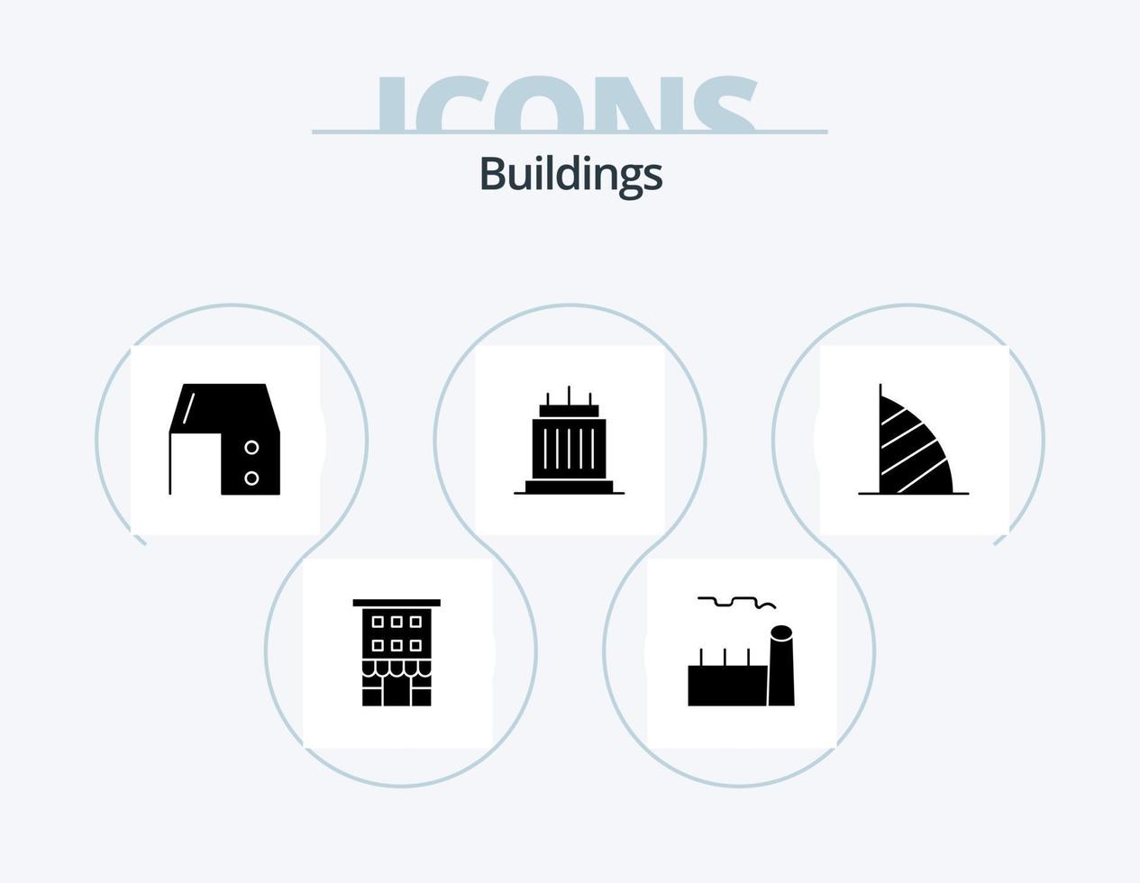 diseño de iconos del paquete de iconos de glifo de edificios 5. puntos de referencia edificios planta industrial. material de oficina. mueble vector