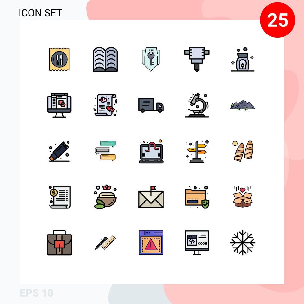 25 Thematic Vector Filled line Flat Colors and Editable Symbols of graphic editor spa key fire jackhammer Editable Vector Design Elements