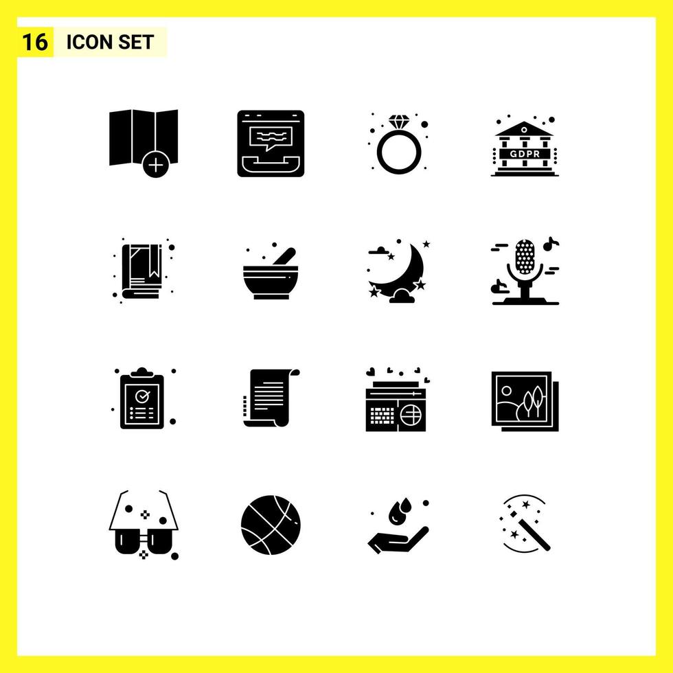 User Interface Pack of 16 Basic Solid Glyphs of bookmark book diamond regulation data Editable Vector Design Elements