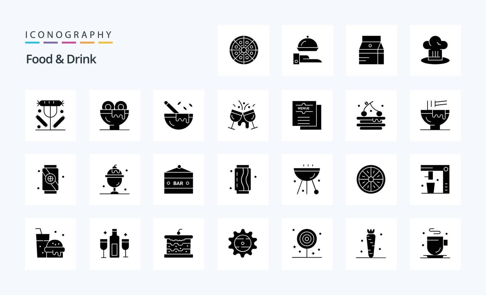 paquete de iconos de 25 glifos sólidos de comida y bebida vector