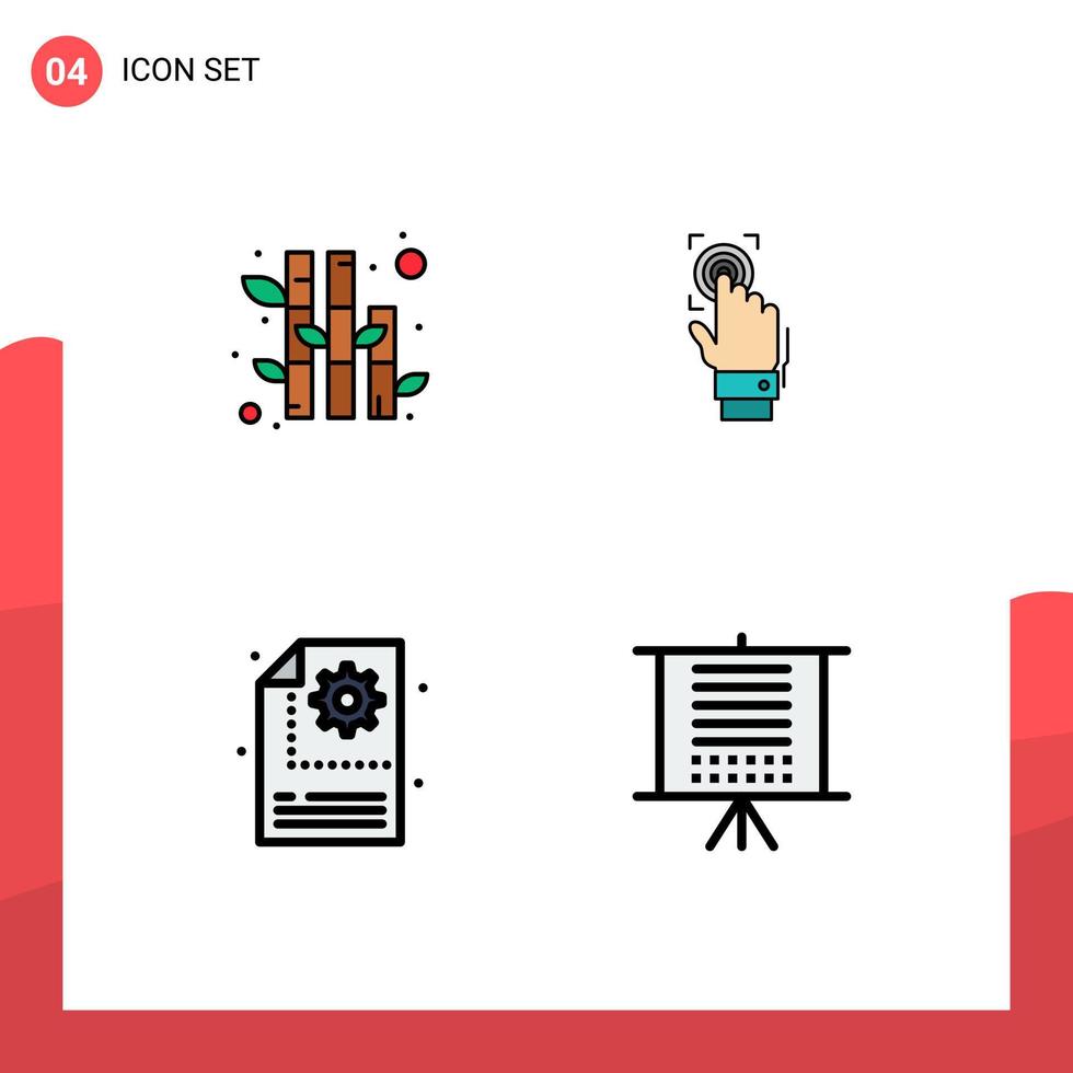 Set of 4 Vector Filledline Flat Colors on Grid for bamboo creative fingerprint scan gear Editable Vector Design Elements