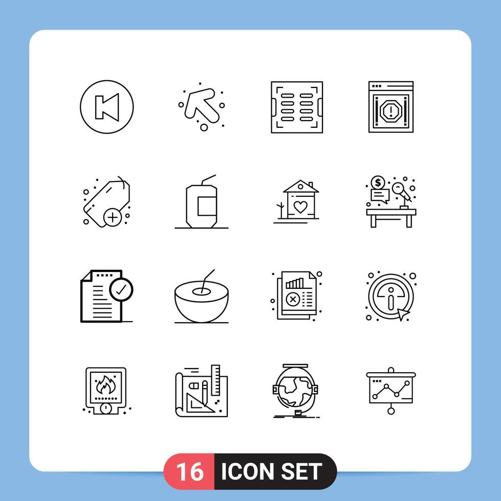 Modern Set of 16 Outlines Pictograph of tag add drain warning message Editable Vector Design Elements