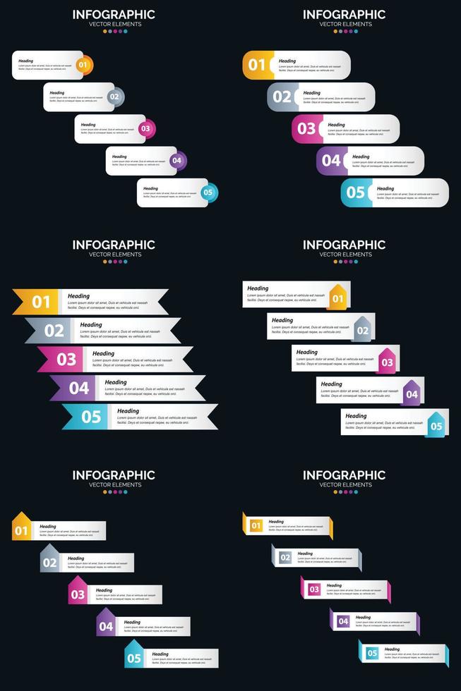 plantilla de diapositiva de presentación del paquete de infografías vectoriales 6 diagramas de ciclo de 5 pasos y líneas de tiempo vector