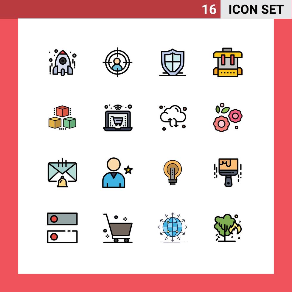 Pack of 16 Modern Flat Color Filled Lines Signs and Symbols for Web Print Media such as delivrey school internet education shield Editable Creative Vector Design Elements