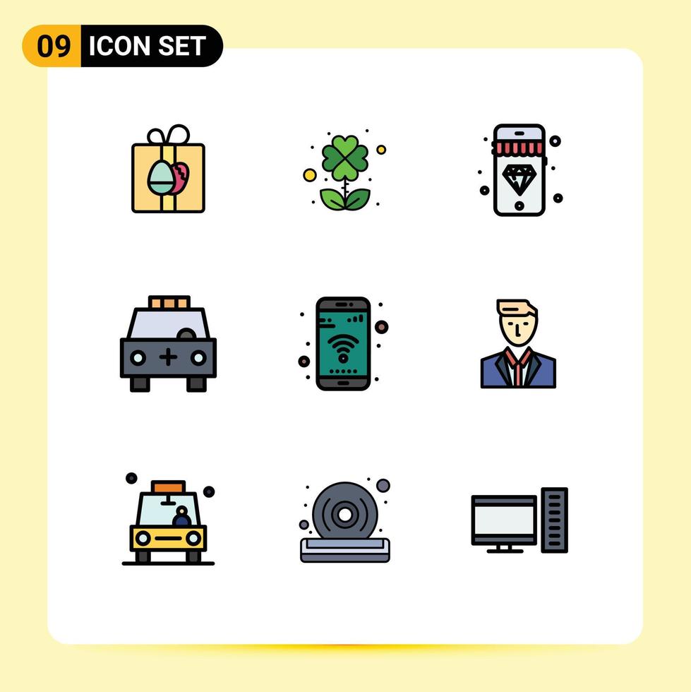 Mobile Interface Filledline Flat Color Set of 9 Pictograms of phone app diamond transportation filled Editable Vector Design Elements