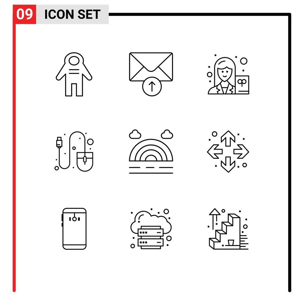 9 Universal Outlines Set for Web and Mobile Applications weather forecast scientist tool hardware Editable Vector Design Elements