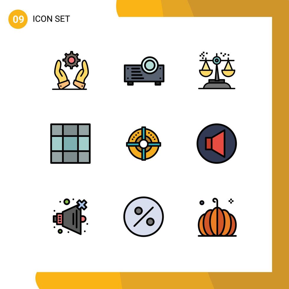 Pack of 9 Modern Filledline Flat Colors Signs and Symbols for Web Print Media such as point arrow conclusion target grid Editable Vector Design Elements