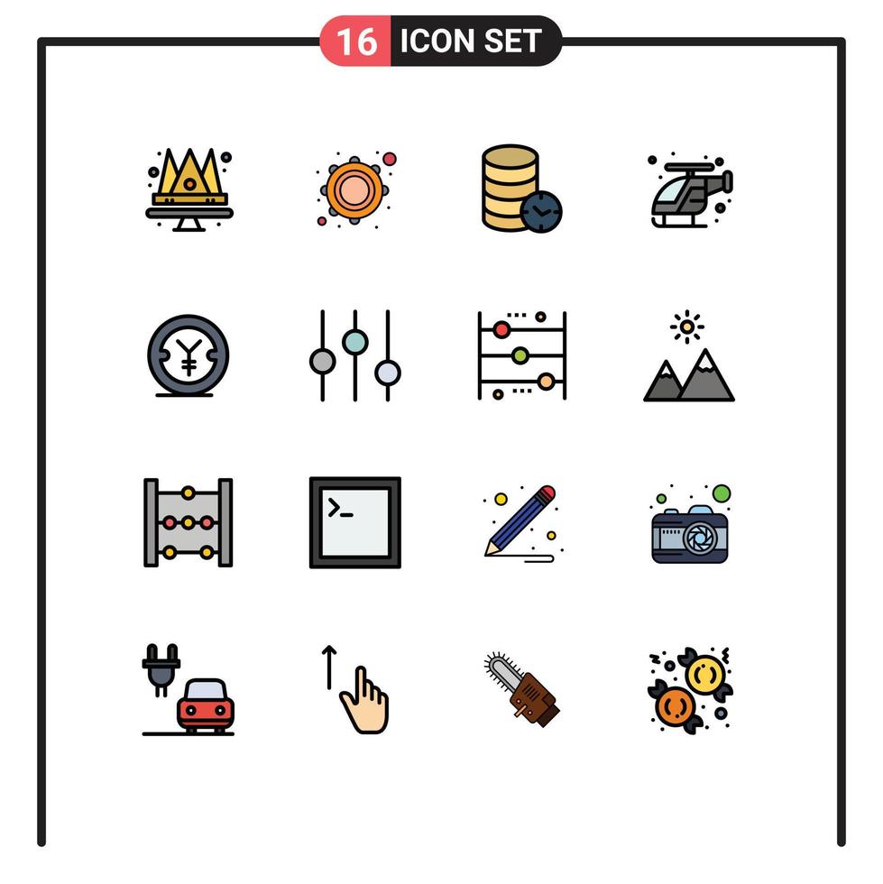 Pack of 16 creative Flat Color Filled Lines of coin helicopter hosting fast watch Editable Creative Vector Design Elements