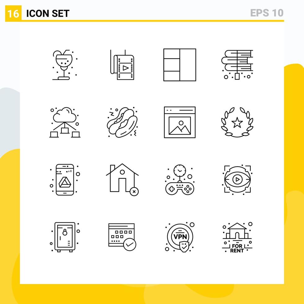 Modern Set of 16 Outlines and symbols such as network laws theatre law books Editable Vector Design Elements