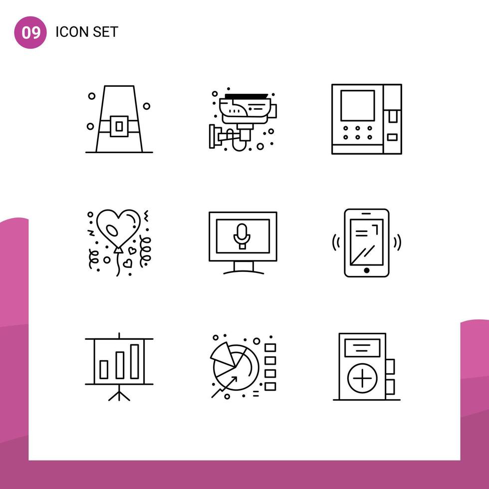 User Interface Pack of 9 Basic Outlines of monitor love smart balloon money Editable Vector Design Elements