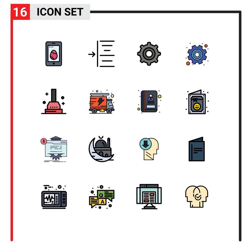 Modern Set of 16 Flat Color Filled Lines Pictograph of energy plunger setting bath labor Editable Creative Vector Design Elements