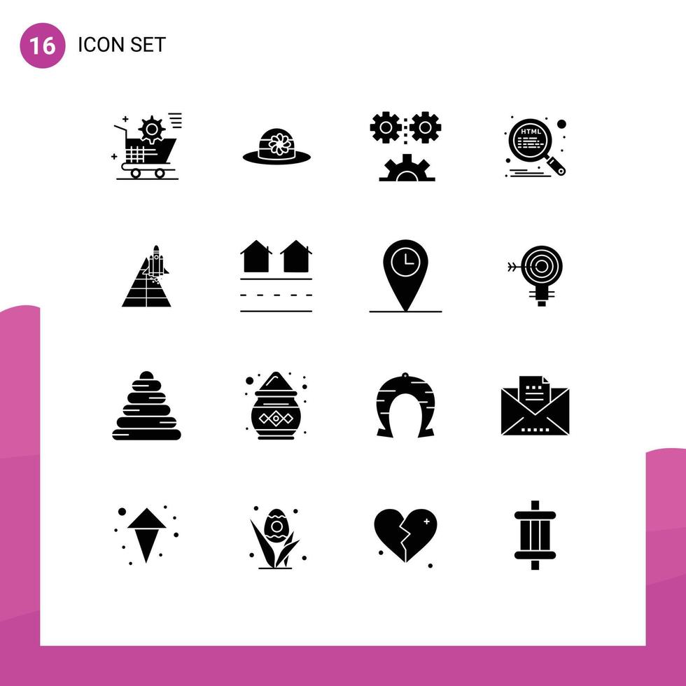 Universal Icon Symbols Group of 16 Modern Solid Glyphs of space search applied science optimization technology Editable Vector Design Elements