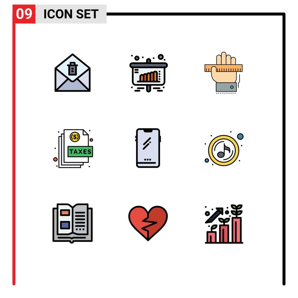 Mobile Interface Filledline Flat Color Set of 9 Pictograms of phone page hand file action Editable Vector Design Elements