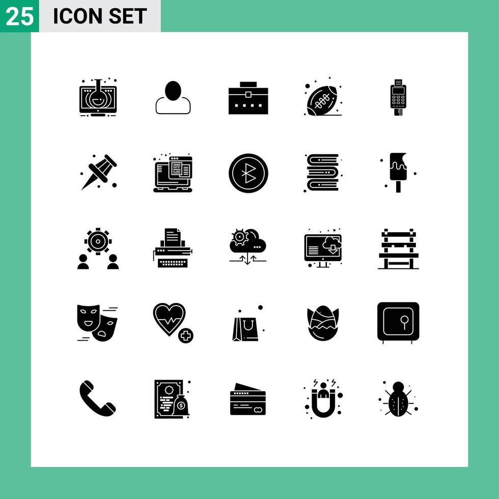 User Interface Pack of 25 Basic Solid Glyphs of card machine bag sport american Editable Vector Design Elements