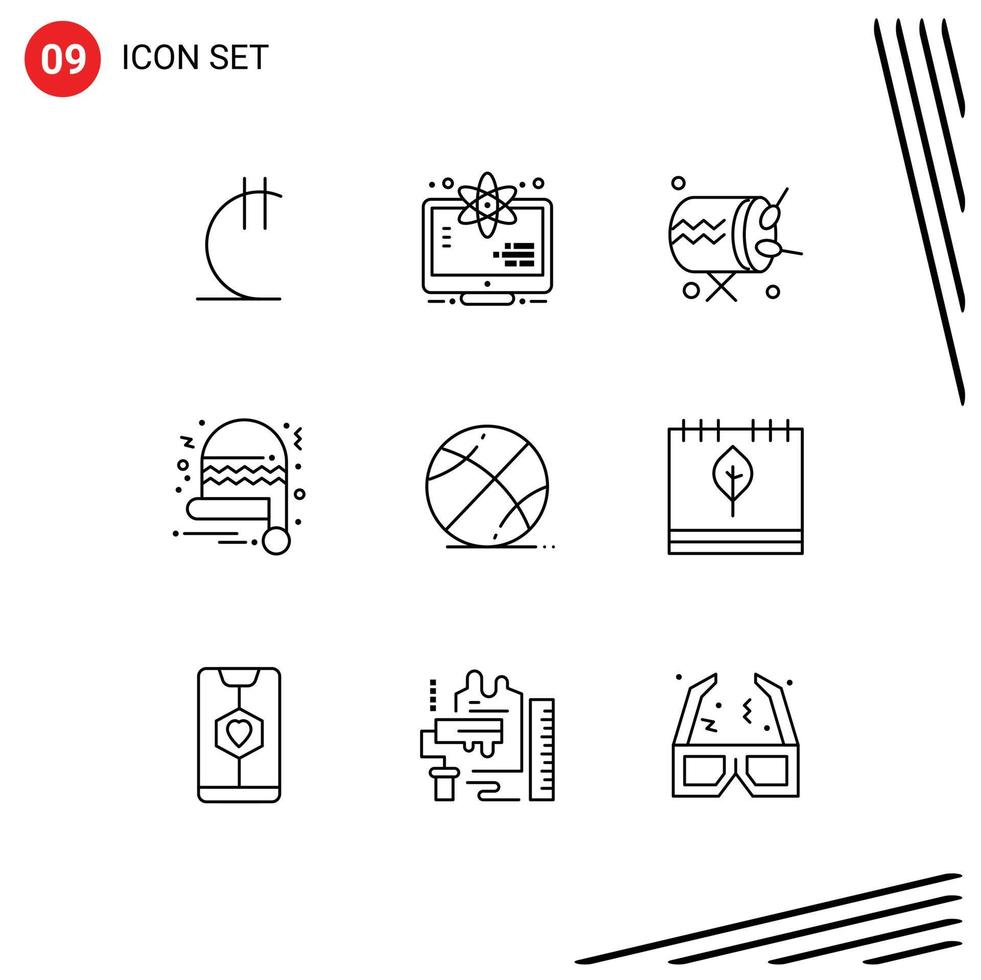 Modern Set of 9 Outlines Pictograph of game basketball drum santa hat christmas hat Editable Vector Design Elements