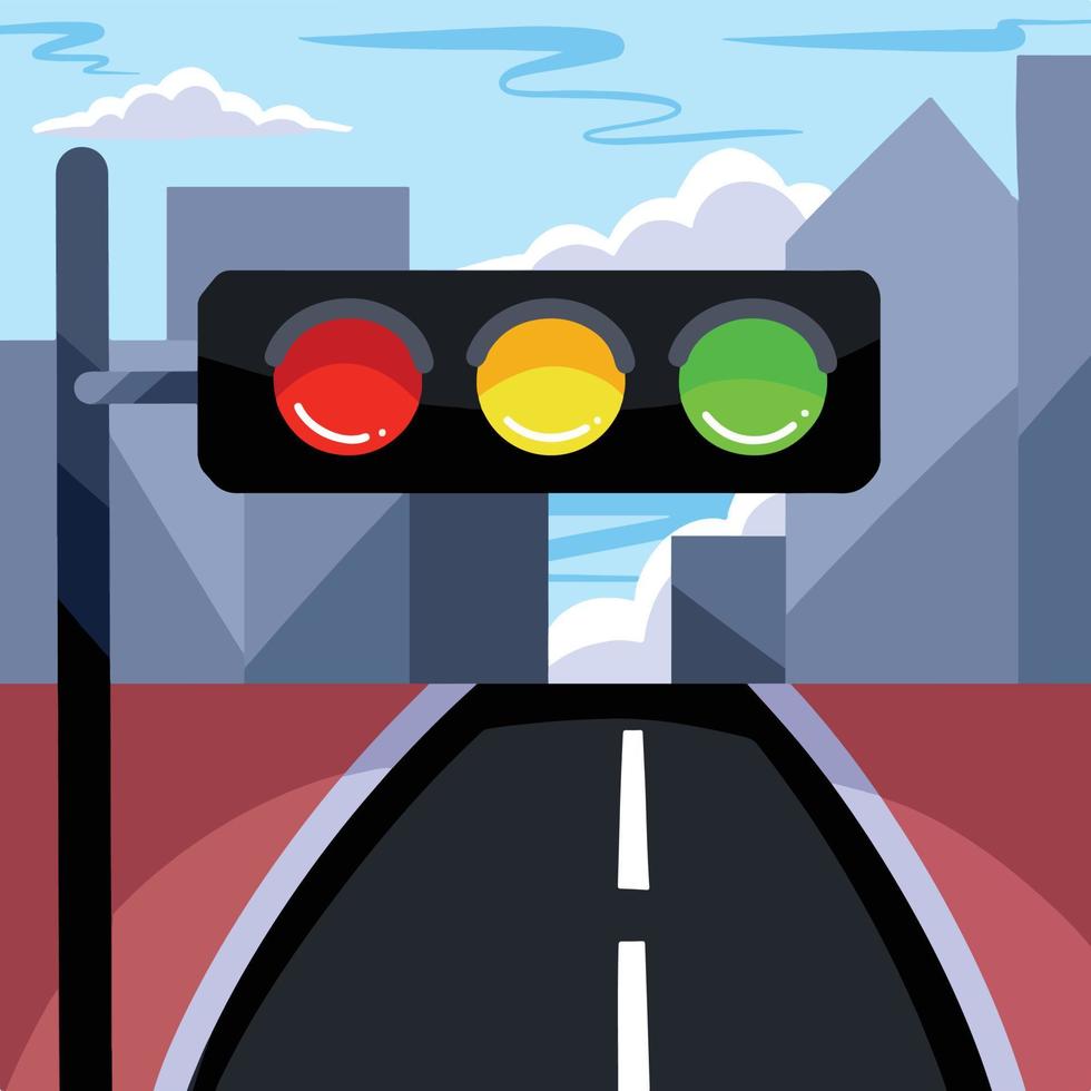 Traffic equal saturation red yellow and green colored light with red brown road and city landscape background. Blue sky with clouds backdrop. Simple cartoon flat colored art style isolated. vector