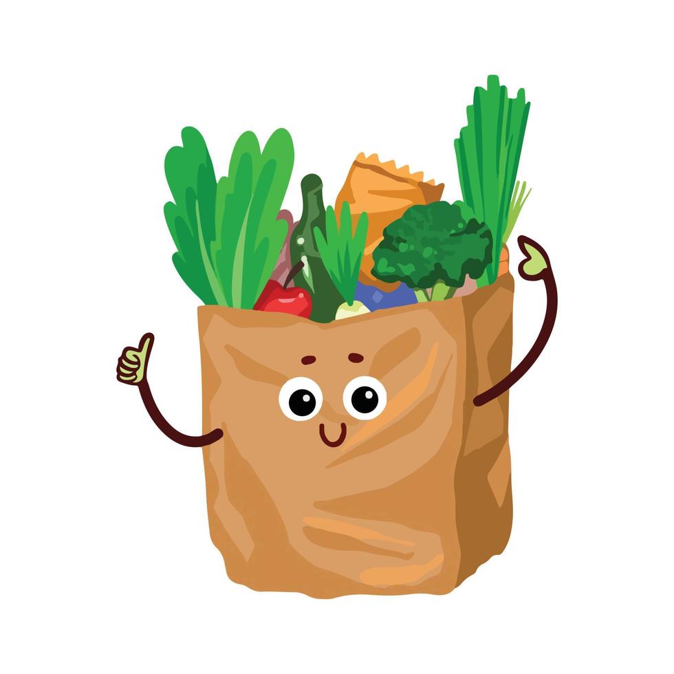 One single groceries paper bag character mascot with thumbs up pose vector illustration isolated on white background. Cartoon comic cute kawaii character artwork with simple flat style.
