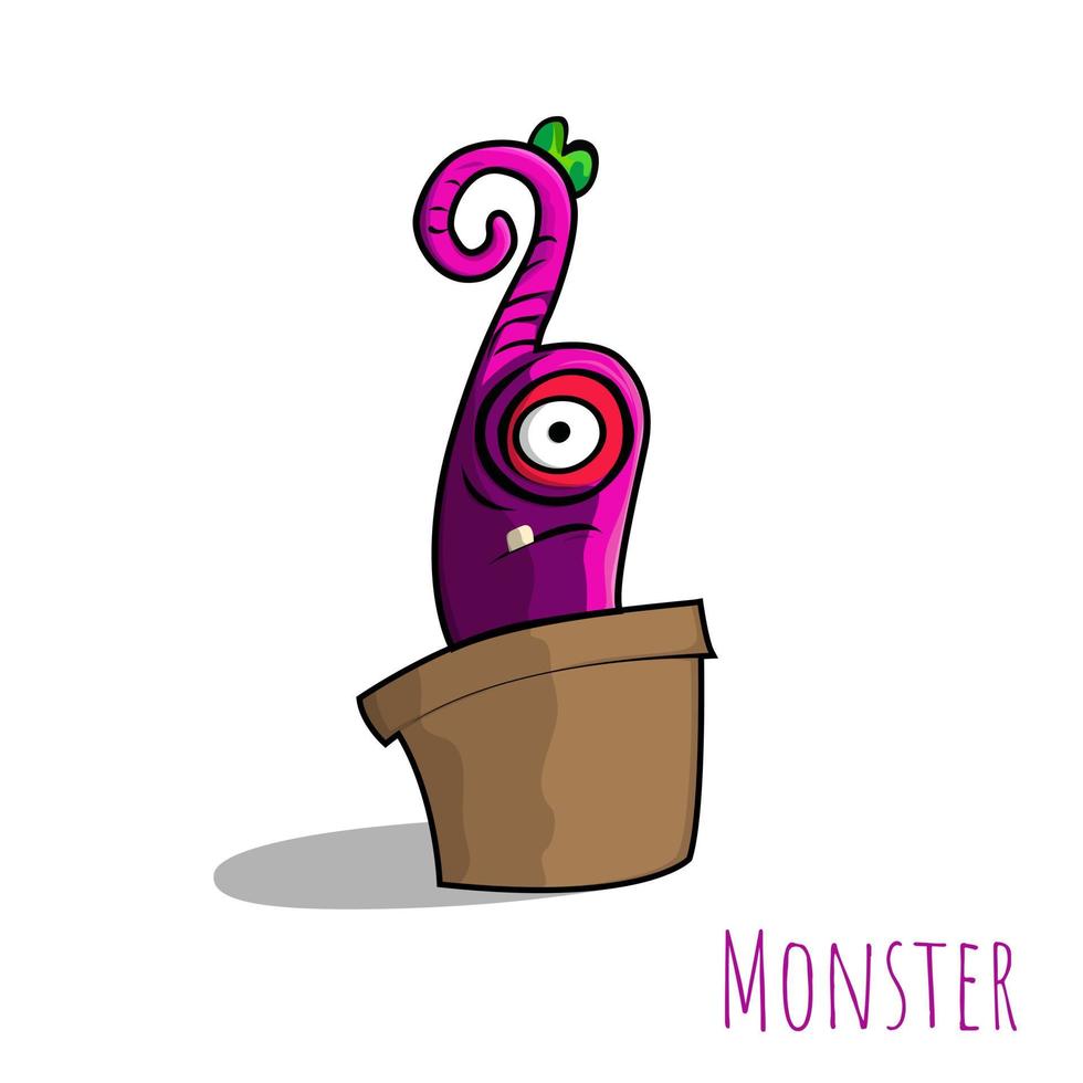 Hand Drawn Doodle Purple Monster in the Pot. Flat Style vector