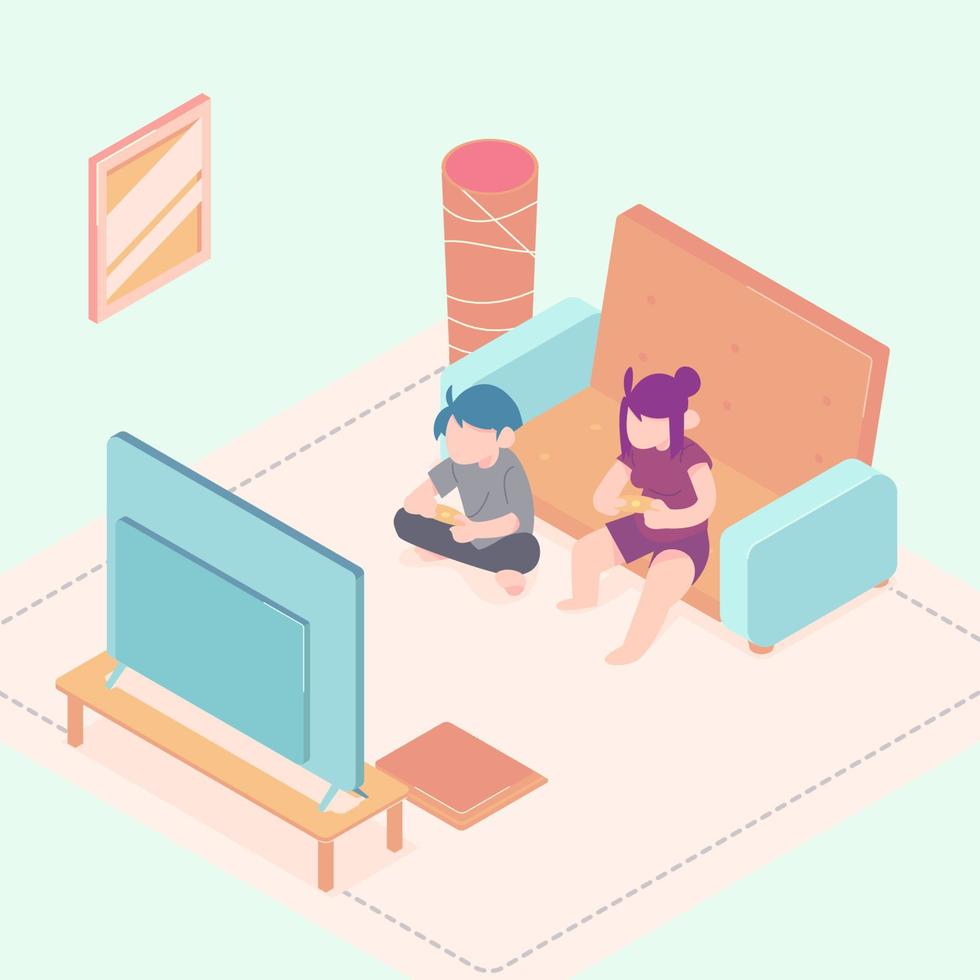 Brothers and sisters are having fun playing console games. Playing game console in living room. flat vector illustration.