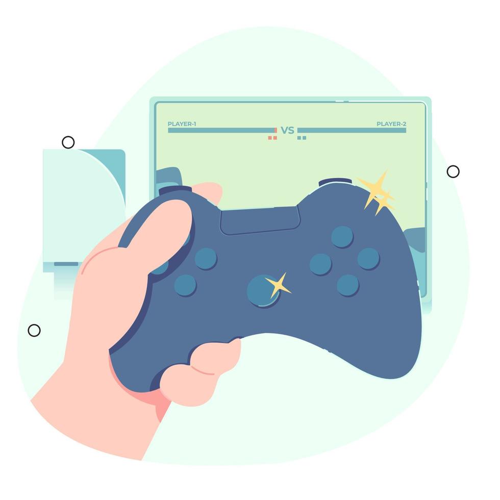 prueba con un gamepad nuevo. gamepad de mano de cerca. Prueba la consola de última generación. ilustración vectorial plana. vector