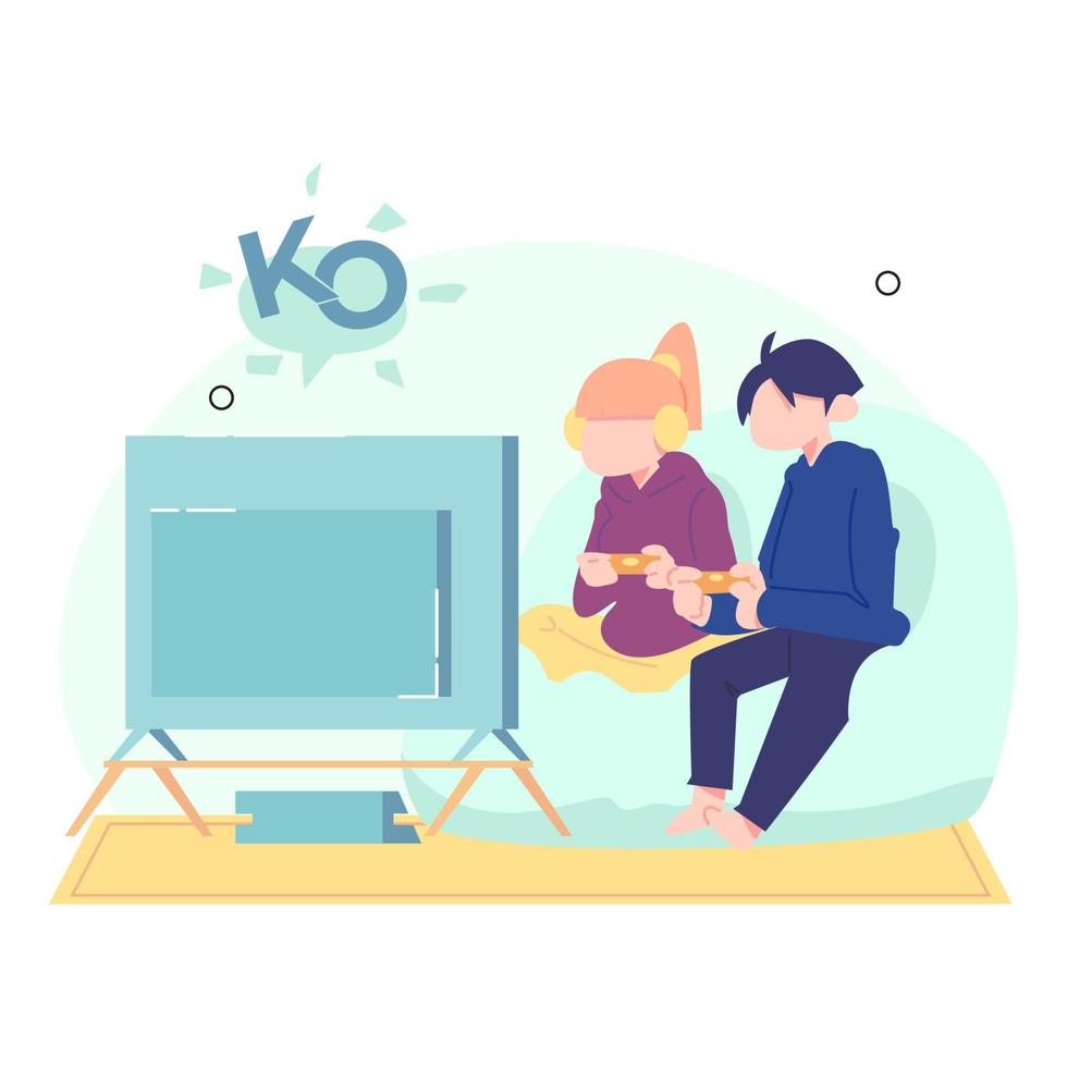 Brothers and sisters are having fun playing console games. Playing game console in living room. flat vector illustration.