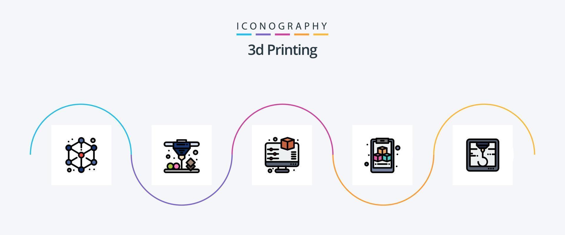 La línea de impresión 3d llenó el paquete de iconos planos 5 que incluye el corvejón. pantalla 3d geométrico. portapapeles vector