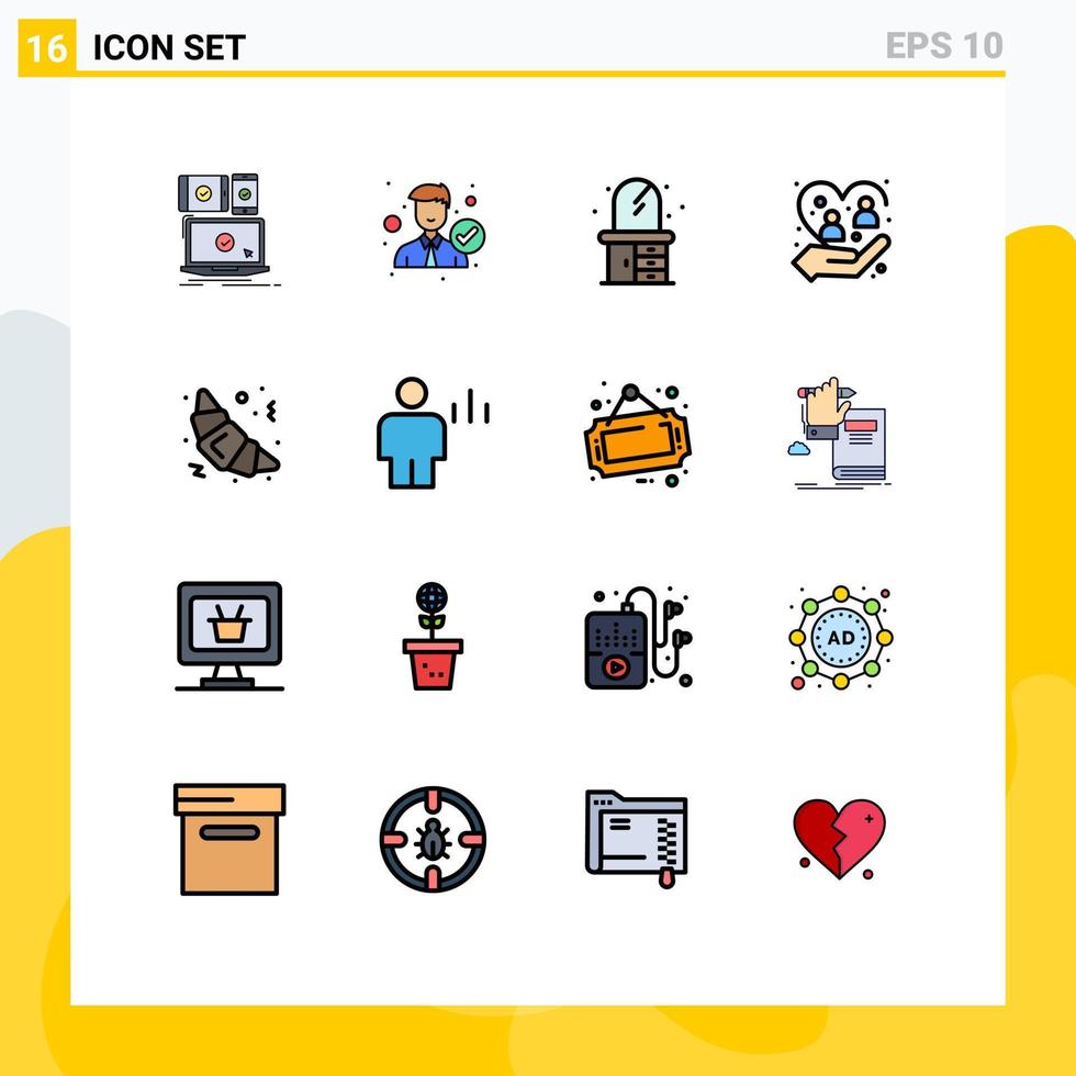 Universal Icon Symbols Group of 16 Modern Flat Color Filled Lines of protection human office caring dresser Editable Creative Vector Design Elements