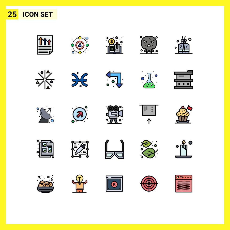 Pack of 25 Modern Filled line Flat Colors Signs and Symbols for Web Print Media such as green aroma currency skull death Editable Vector Design Elements