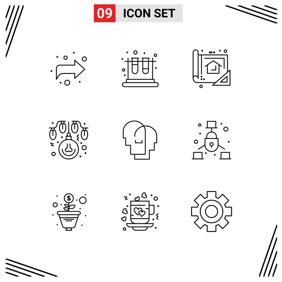 Outline Pack of 9 Universal Symbols of human lights blue decoration bulb Editable Vector Design Elements