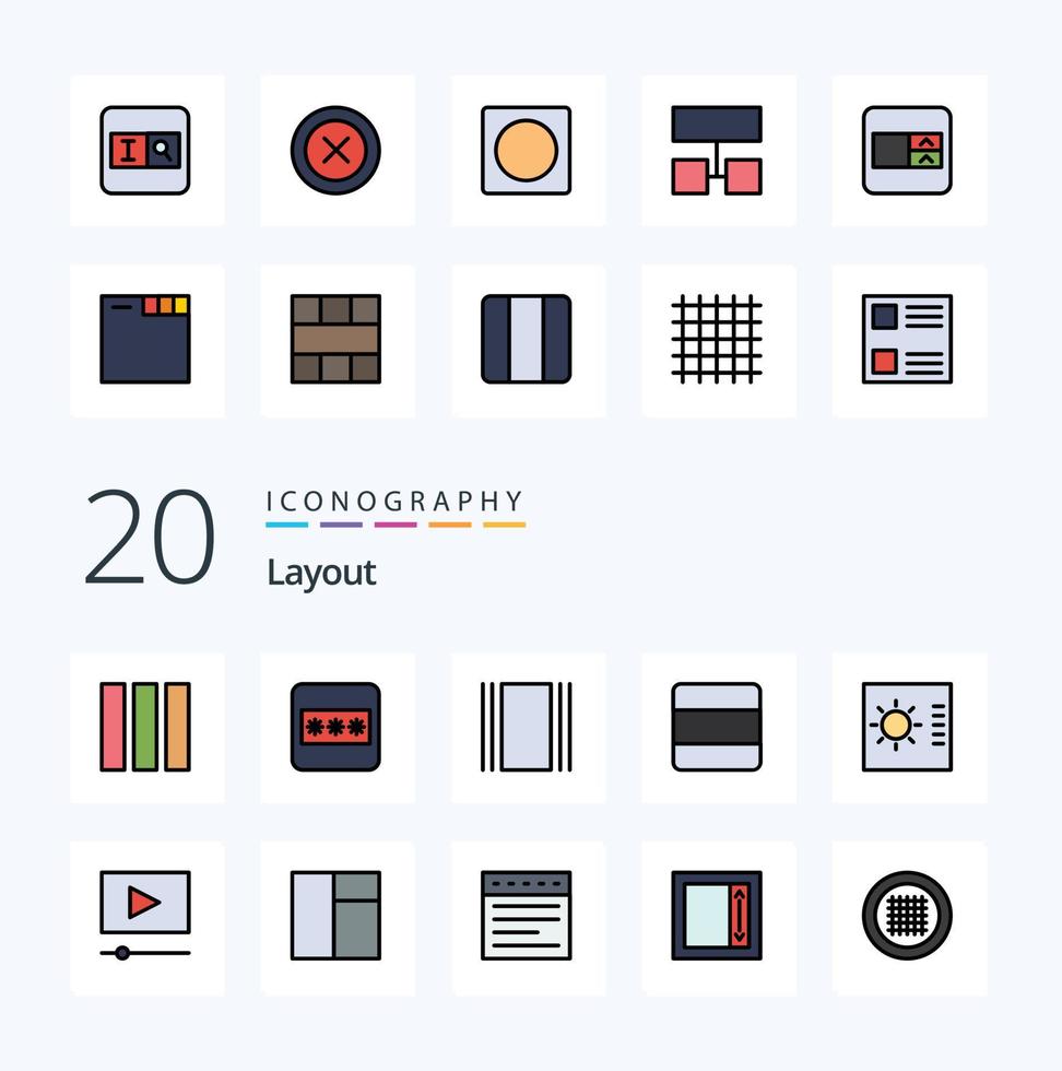 20 Layout Line Filled Color icon Pack like cinema gauge horizontal control stack vector