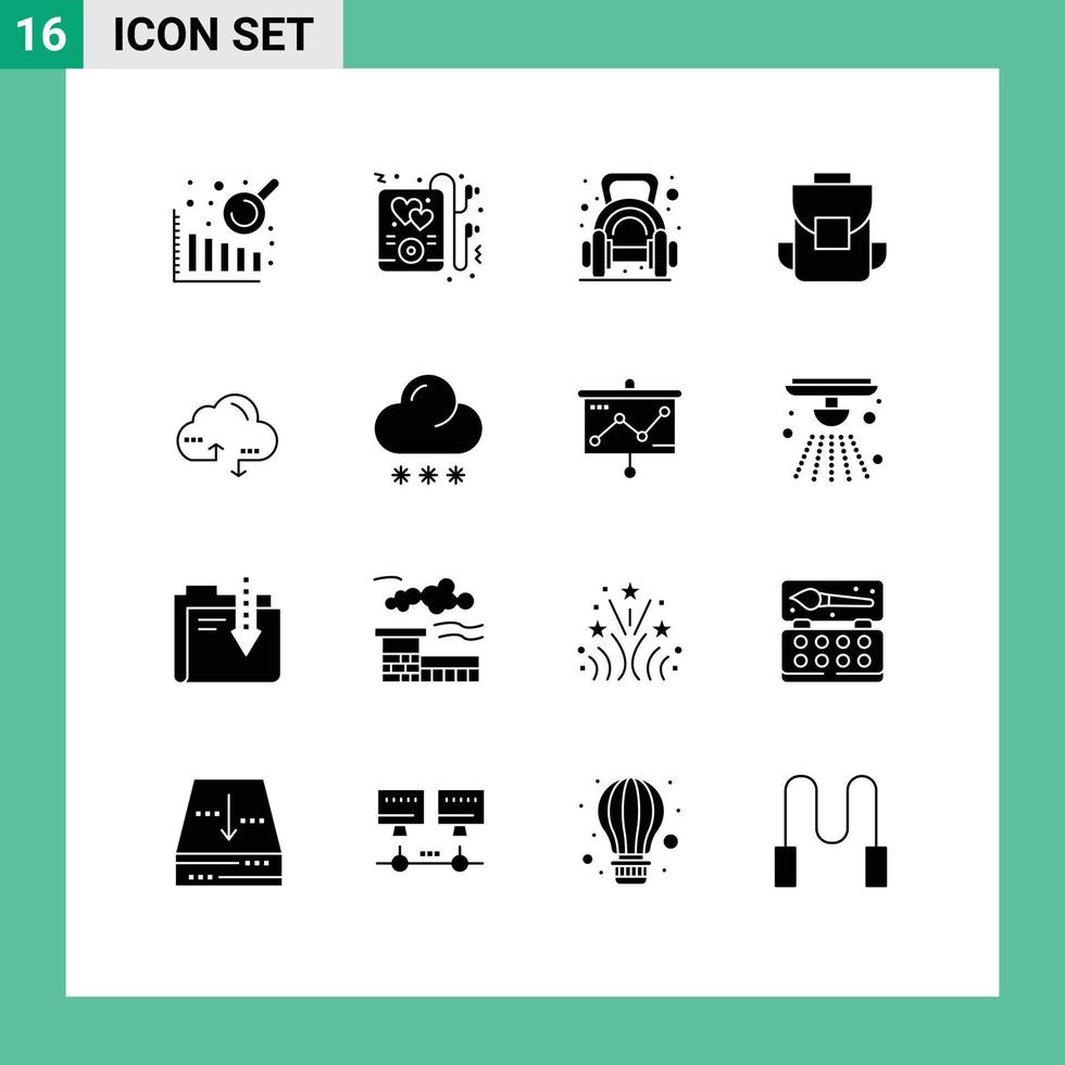 Modern Set of 16 Solid Glyphs Pictograph of data computing dumbbell cloud bag Editable Vector Design Elements