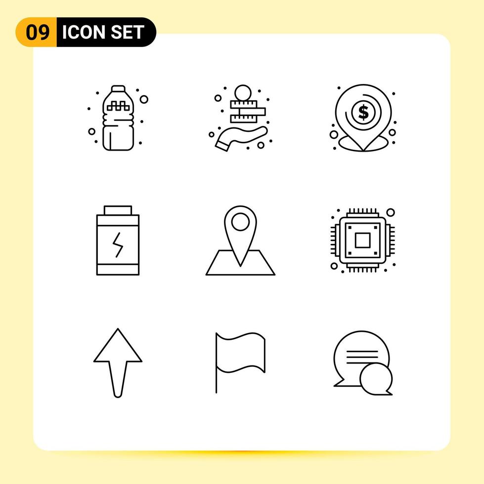 9 Universal Outline Signs Symbols of map contact lend power battery Editable Vector Design Elements