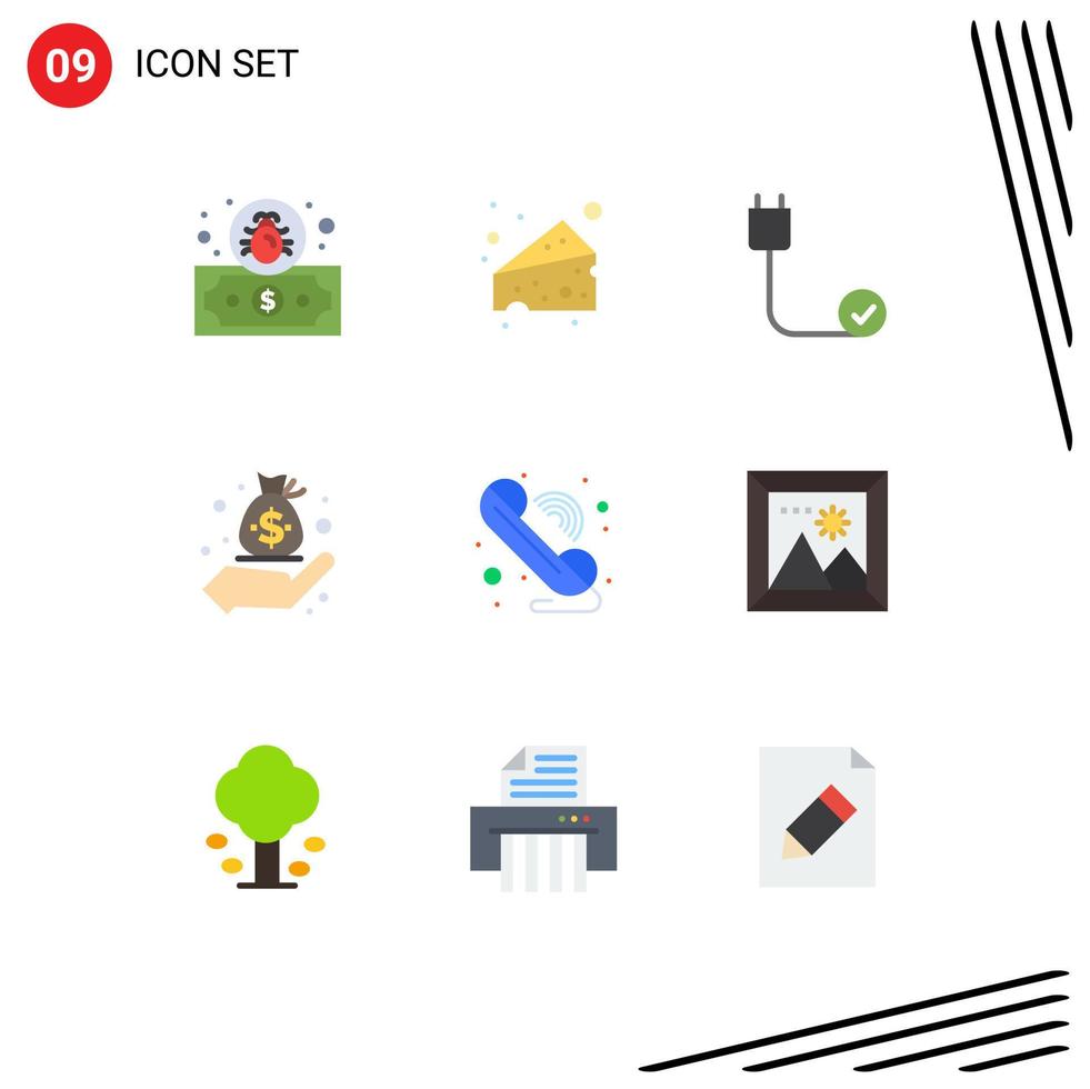Mobile Interface Flat Color Set of 9 Pictograms of phone call cord management finance Editable Vector Design Elements