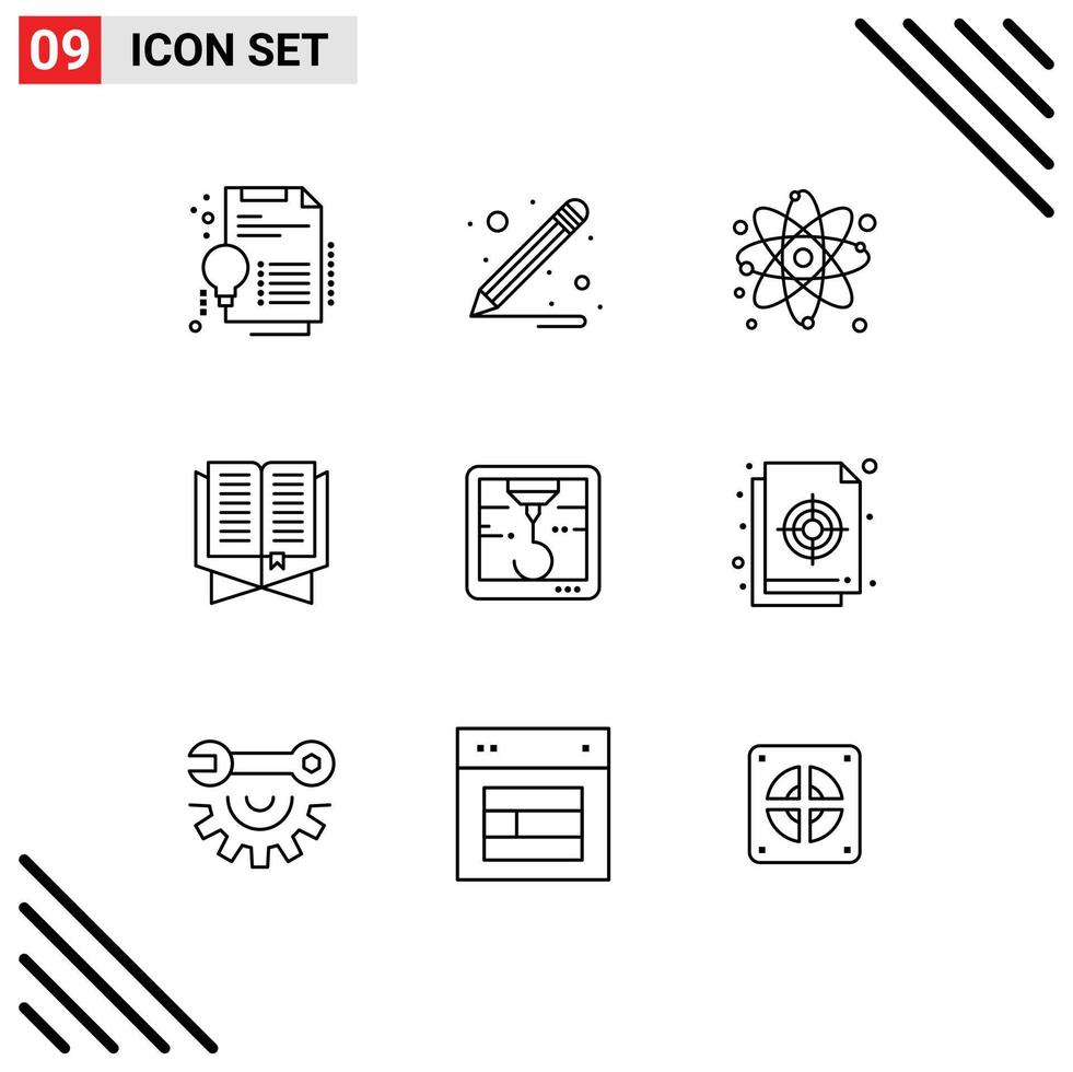 Mobile Interface Outline Set of 9 Pictograms of circular printer molecule bookmark islam Editable Vector Design Elements