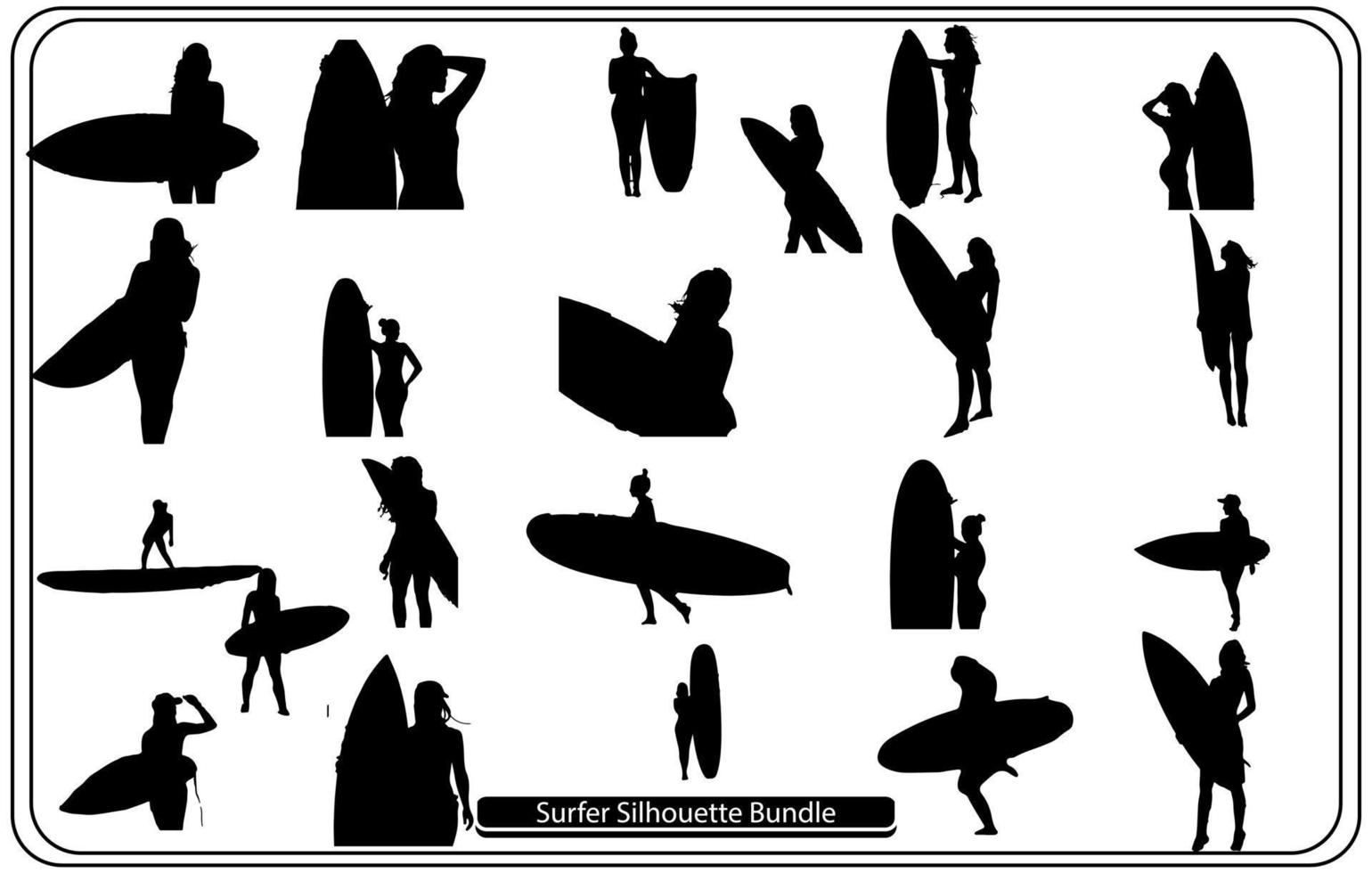 A set of high quality detailed silhouettes of a surfer