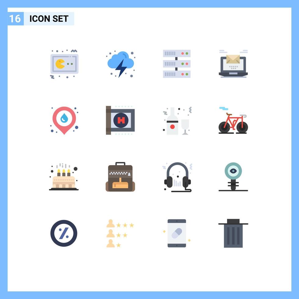 paquete de 16 signos y símbolos de colores planos modernos para medios de impresión web, como correo electrónico de fuego, correo en la nube, computadora, paquete editable de elementos creativos de diseño de vectores