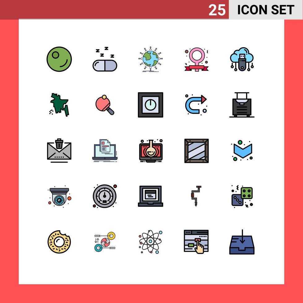 25 Filled line Flat Color concept for Websites Mobile and Apps cloud data globe usb feminism Editable Vector Design Elements