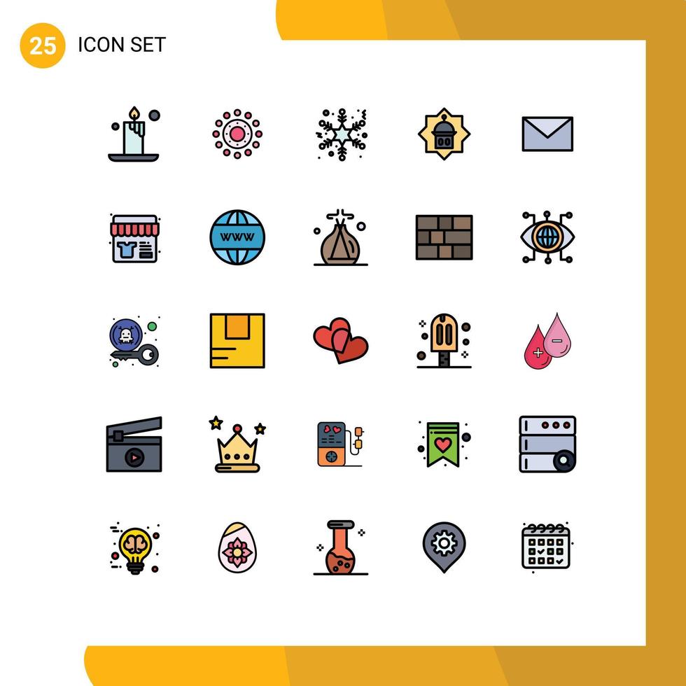 Pack of 25 creative Filled line Flat Colors of message email snow star masjid Editable Vector Design Elements