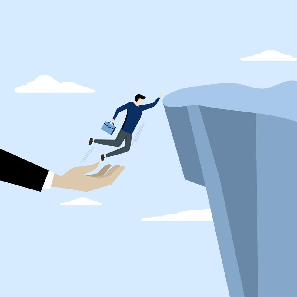 Confident businessman jumps from helping giant hand to reach cliff target. Support in business for success, guidance and motivation to overcome business obstacles, career growth concept. vector